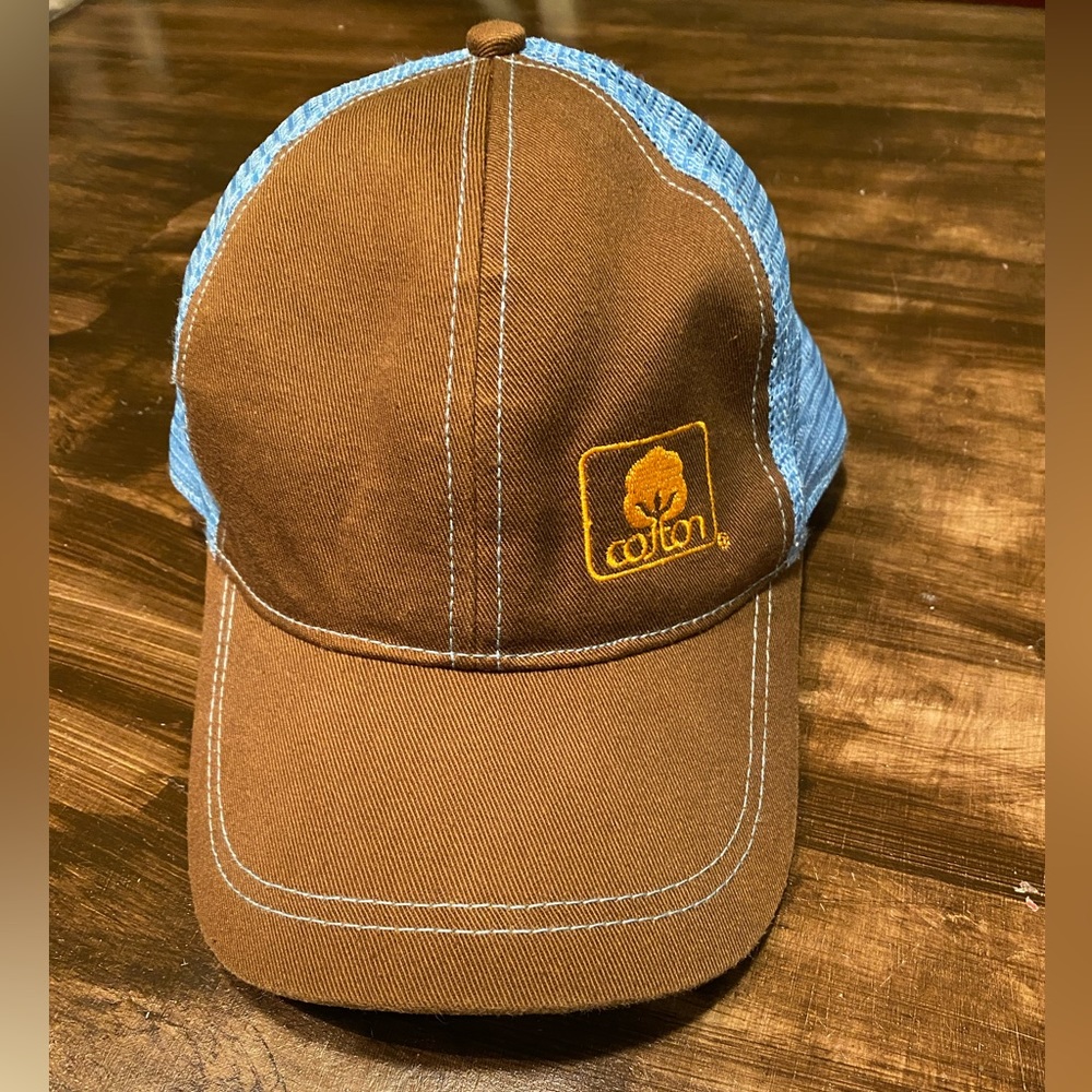 Patagonia blue and brown trucker hat with netted back
